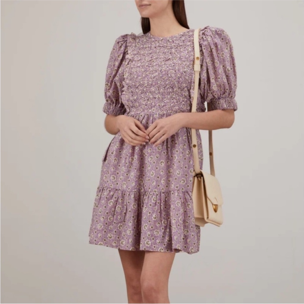 Sea New York Ida Puff Sleeve Dress Lilac Purple Floral Pockets Cotton Smocked